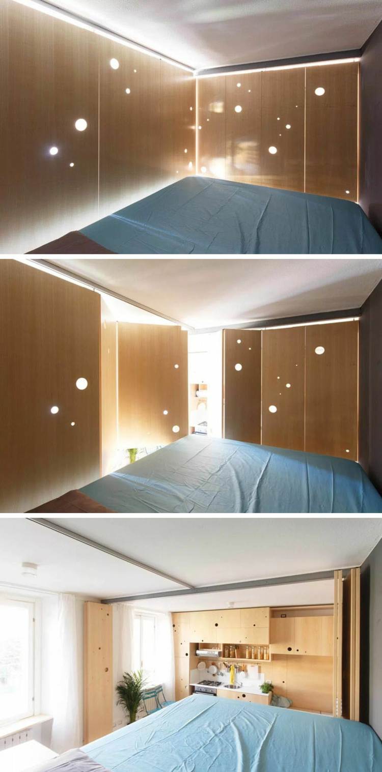 falttüren-eschenholz-schlafzimmer-beleuchtung-löcher-aussicht-küche