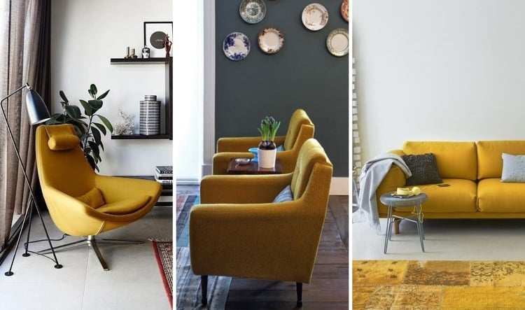 farbe-ocker-kombinieren-goldocker-sessel-sofa-teppich-wohnzimmer