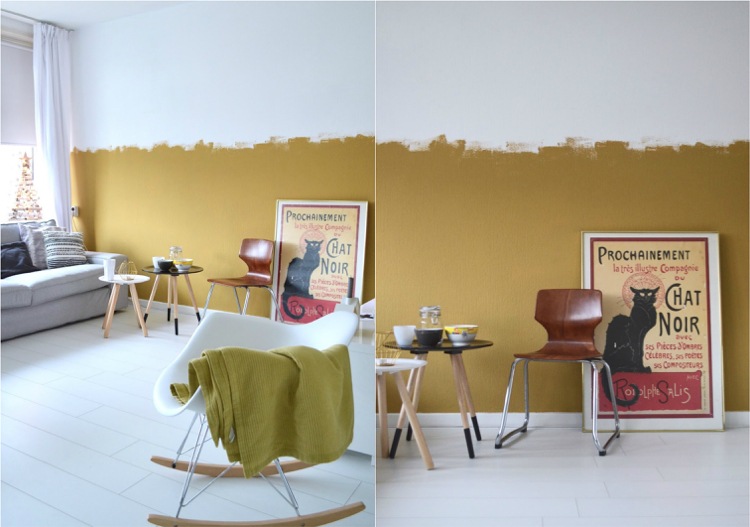 Farbe Ocker kombinieren -goldocker-wandgestaltung-halbhoch-streichen-wohnzimmer