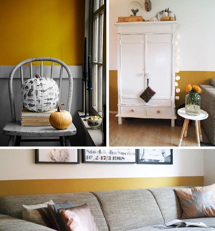 Farbe Ocker kombinieren-grau-wandfarbe-wohnzimmer-halbhoch-streichen