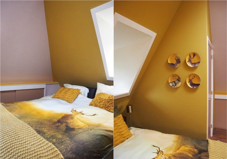 Farbe Ocker -kombinieren-schlafzimmer-dachschräge-braun-rose
