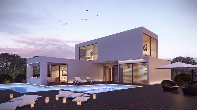 haustypen-vergleich-fertighaus-moderne-architektur-pool-flachdach