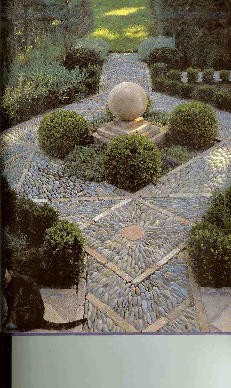 kieselstein-mosaik-kleiner-garten-landschaftsbau-buchsbaum-skulptur-deko