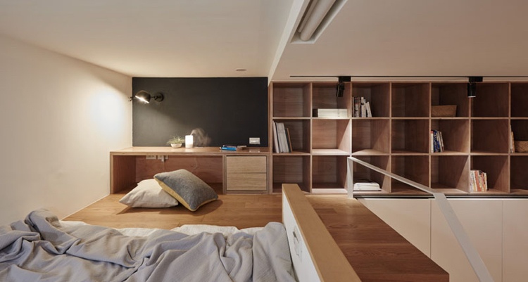 Kleine Räume einrichten -einzimmerwohnung-bett-nachttisch-holz-lampe