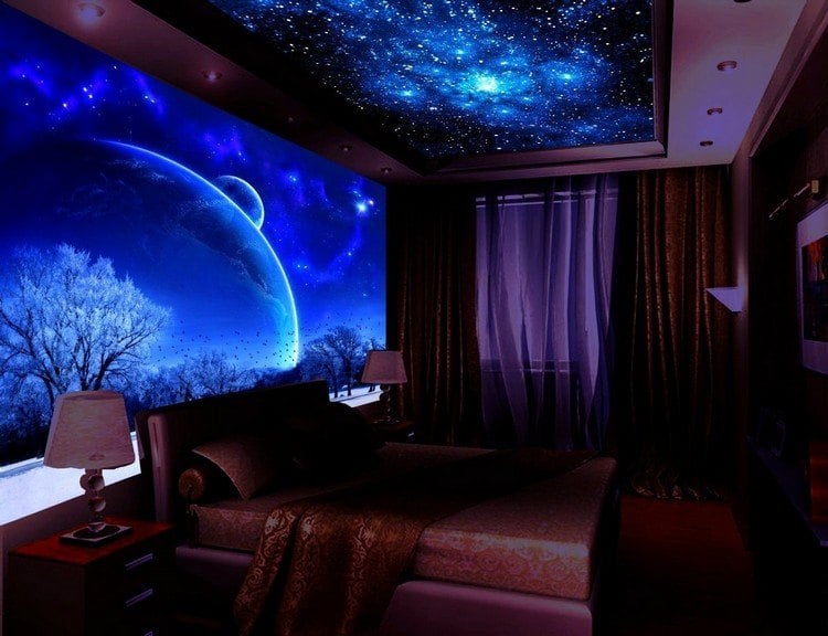 Schwarzlicht Farbe schlafzimmer-fluoreszierende-wand-decke-sternenhimmel-blaues-licht