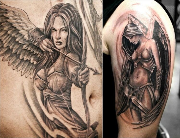 sternzeichen-tattoo-widder-stärke-göttinnen-kriegerin-engel-pfeil-schwert