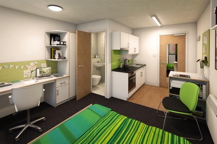 studentenzimmer-einrichten-einzimmerwohnung-mini-küche-bad-schwarzer-teppich-schreibtisch