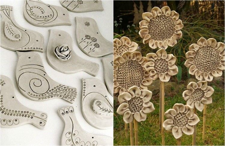 töpfern-ideen-garten-keramik-vögel-basteln-gartenstecker-sonnenblumen