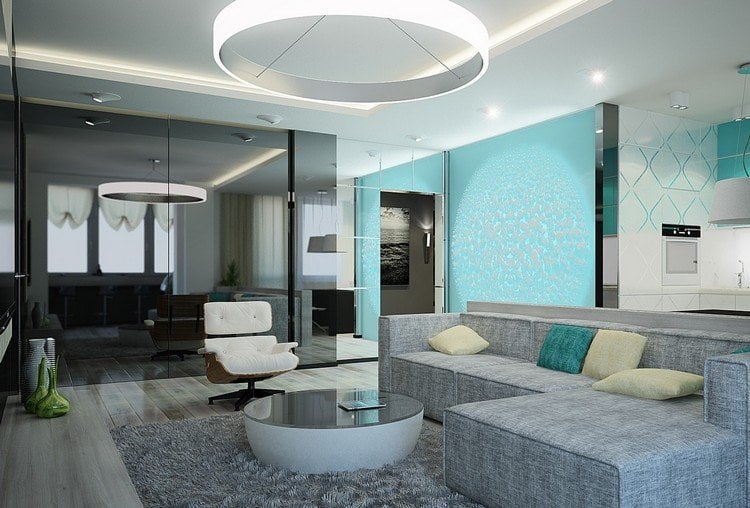 Wohnzimmer in Türkis grau-kombinieren-farbakzente-setzen-kronleuchter-led-beleuchtung-modern