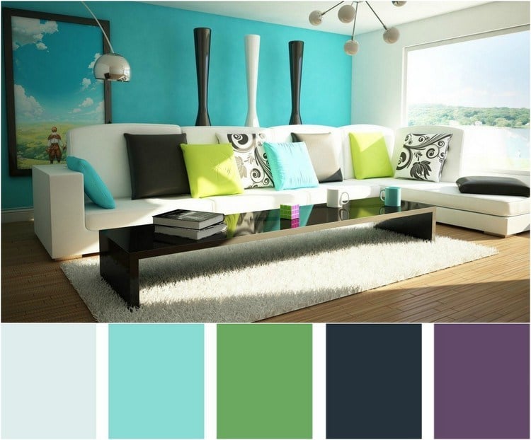 Wohnzimmer in Türkis wandfarbe-bunte-farbpalette-kombinieren-wandbild-natur-elegante-einrichtung