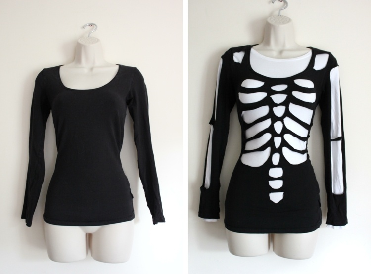 halloween kostueme selber machen skelett-einfach-diy-shirt-schwarz-weiss