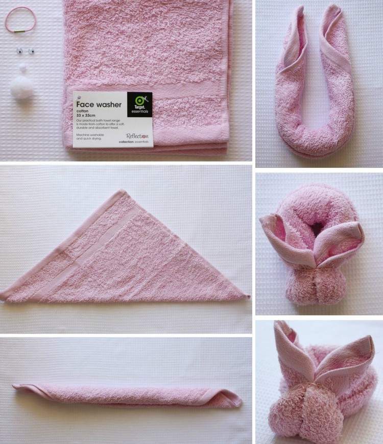 Handtücher falten anleitung-rosa-hase-origami-schritte-materialien