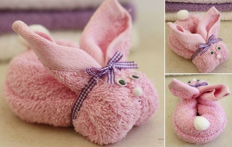 Handtücher falten rosa-kaninchen-geschenk-idee-selber-basteln
