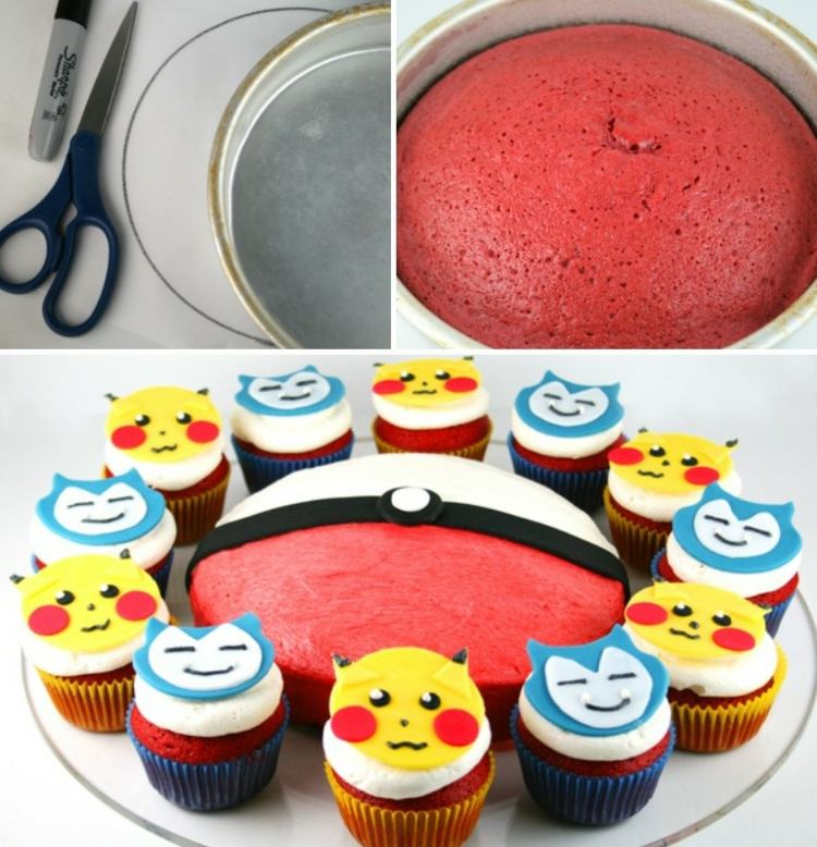 kinder geburtstag pokemon-kuchen-rot-teig-cupcakes
