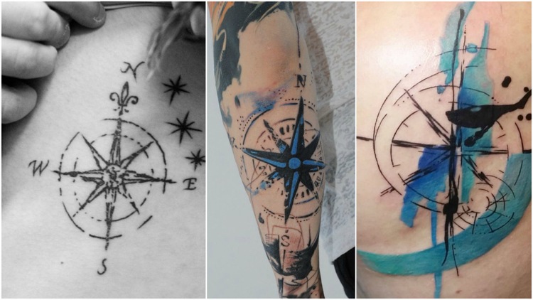 Kompass Tattoo blau-watercolor-schwarz