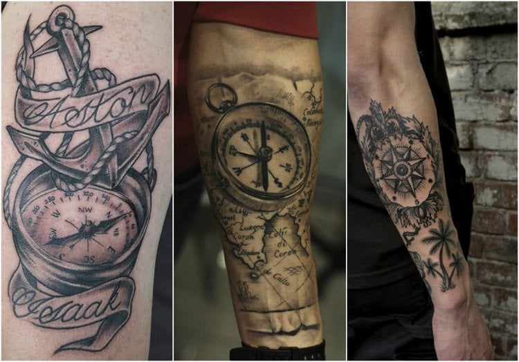 Kompass Tattoo mann-arm-3d-weltkarte-anker-palmen