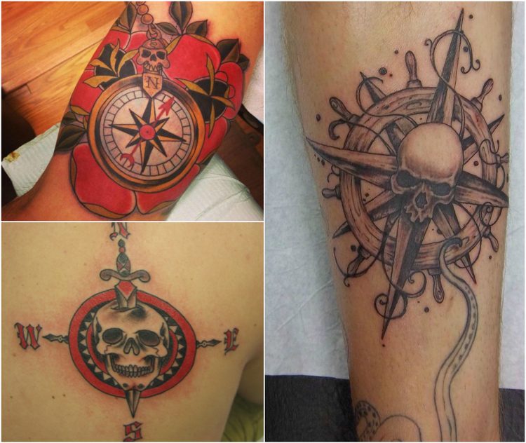Kompass Tattoo totenkopf-rot-schwarz-farbe
