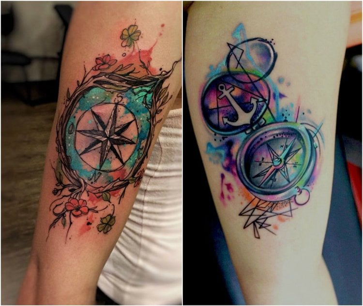 Kompass Tattoo wasserfarben-blumen-anker-arm