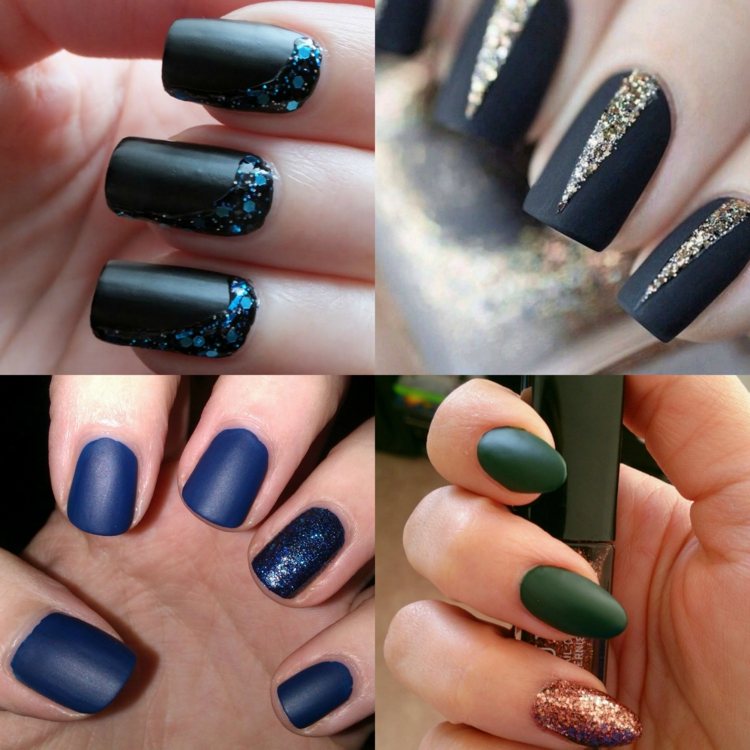 nagellack-matt-trends-glitter-gold-blau-grün-schwarz-pinsel-nageldesign-festlich
