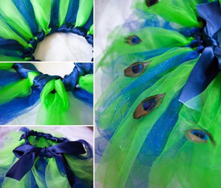 pfau-kostüm-tutu-selber-machen-tüll-grün-blau-echte-pfauenfedern-schleife