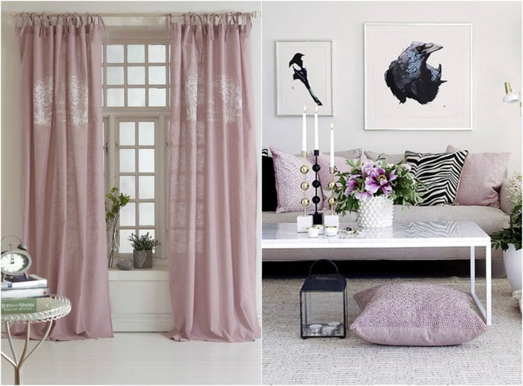 romantische Stil wohnen-pastellrosa-vorhänge-kissenbezug-wohnzimmer-schwarz-weiss