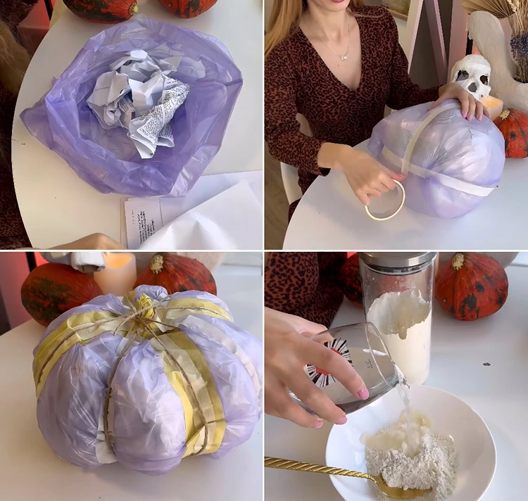 Tüte mit zerknülltem Altpapier füllen, zuknoten und wie Kürbis binden