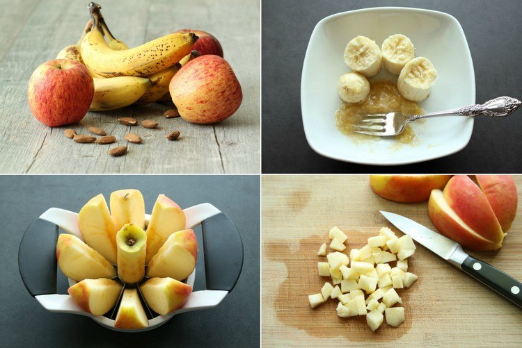 veganer-apfelkuchen-zutaten-bananen-mandeln-äpfel-vorbereiten-entkernen-würfeln