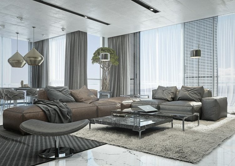 wohnzimmer-ideen-brauner-couch-grau-kombination-marmor-tisch