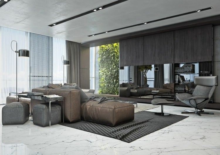 wohnzimmer-ideen-brauner-couch-minimalistisch-marmor-fussboden-glas-wohnwand