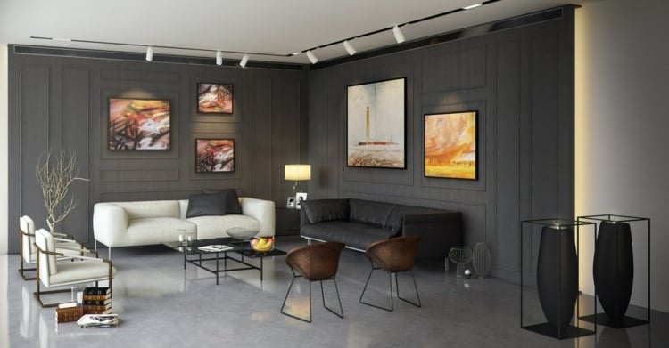 wohnzimmer ideen für schwarzes sofa vintage-modern-eames-grau-waende