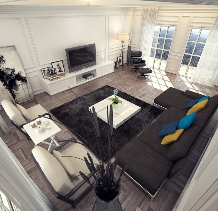 wohnzimmer-ideen-für-schwarzes-sofa-weiss-kombinieren-wandverkleidung-holz-vintage