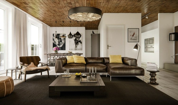 wohnzimmer ideen mit brauner couch gelb-akzente-sofakissen-holz-decke