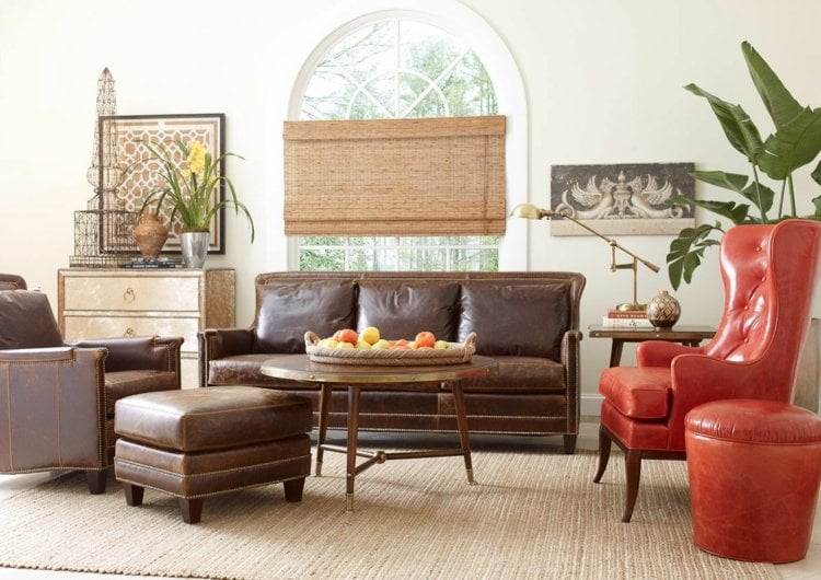 wohnzimmer ideen mit brauner couch komfort-leder-rot-stuhl-hocker
