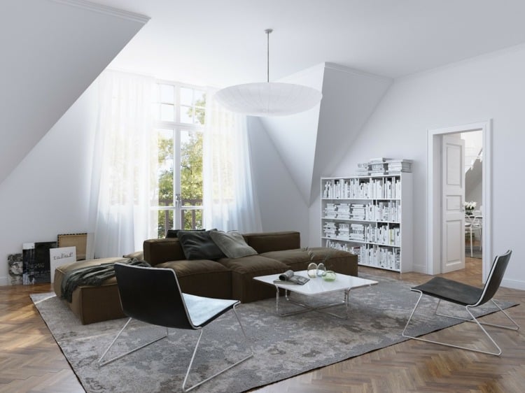 wohnzimmer ideen mit brauner couch monochrom-grau-teppich