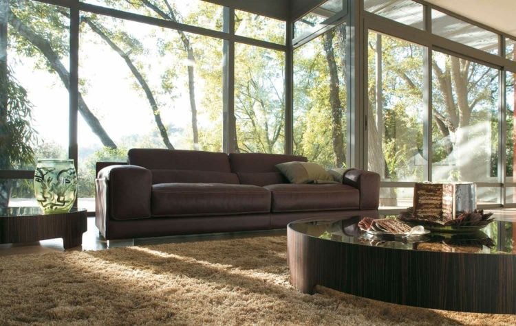 wohnzimmer ideen mit brauner couch teppich-hochflor-fensterfront-rund-couchtisch