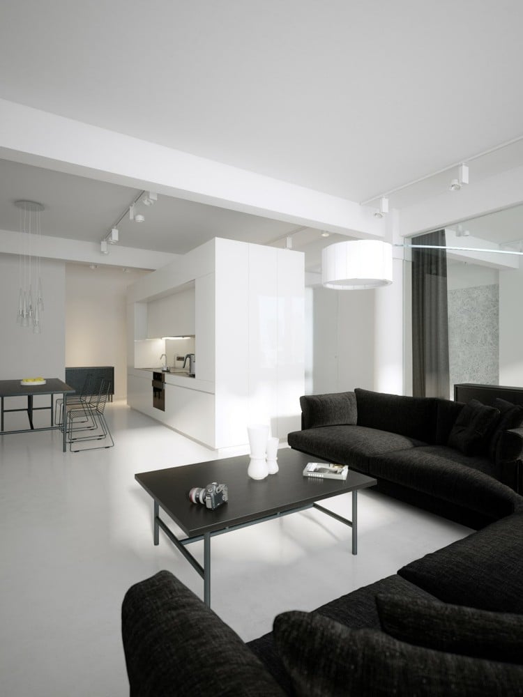 wohnzimmer-ideen-schwarzes-sofa-weiss-interieur-kueche-metall-tisch
