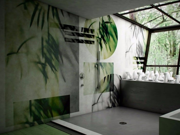 badezimmer-tapete-design-ghost-blaetter-exotisch-offene-dusche
