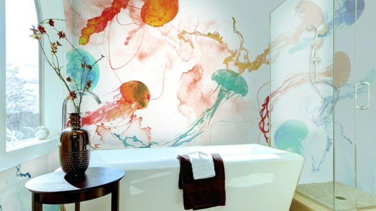 badezimmer tapete jellyfish-orange-blau-modern-bad-einrichtung-glasdusche