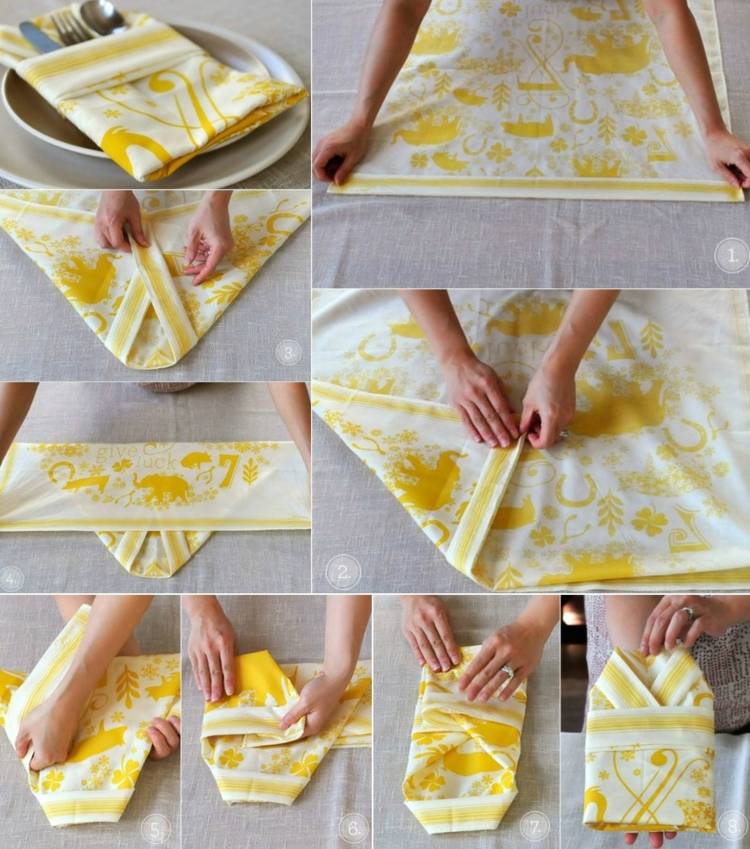 bestecktasche falten anregung-kimono-design-gelb-muster-stoffserviette