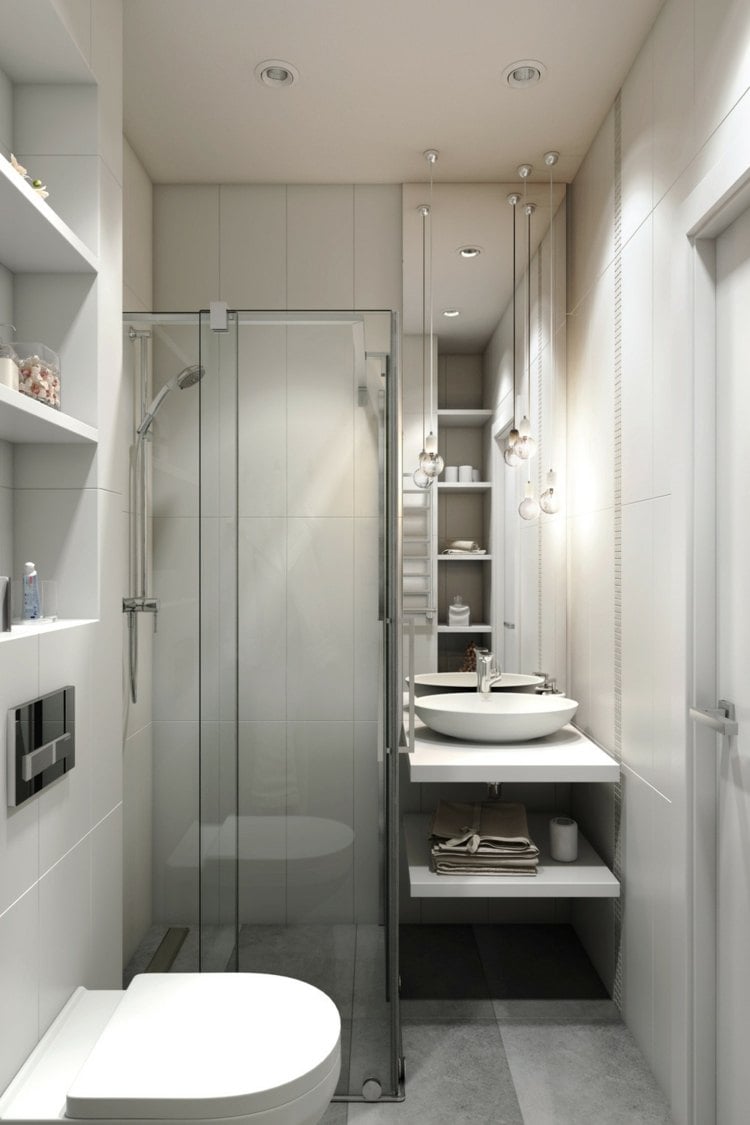 bodengleiche dusche klein-badezimmer-waschkonsole-eingebaute-regale-toilette