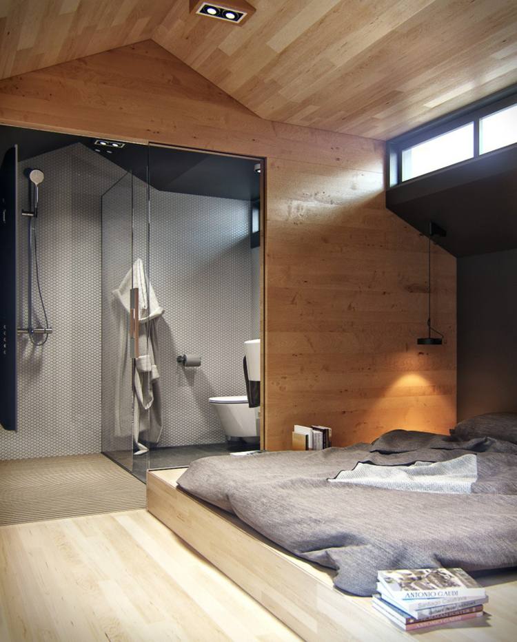 bodengleiche-dusche-modern-schlafzimmer-holz-wand-dachschraege