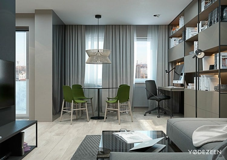 einraumwohnung einrichten grau-gruen-modern-wohnzimmer-gestalten