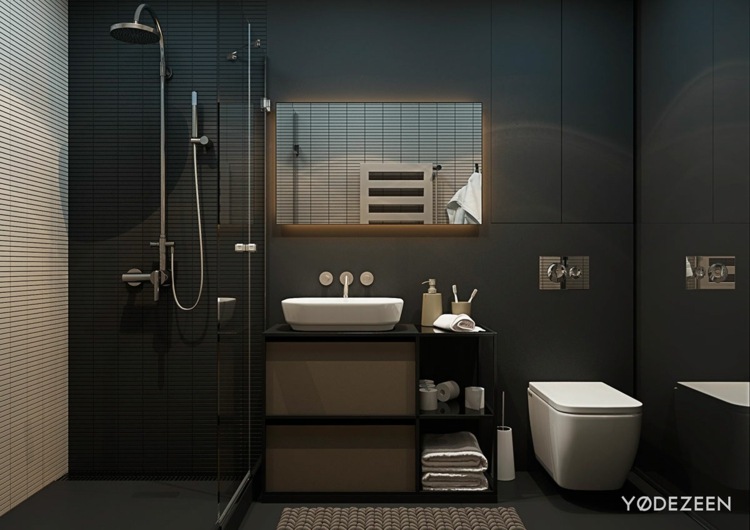 einraumwohnung einrichten matt-schwarz-badezimmer-offene-dusche