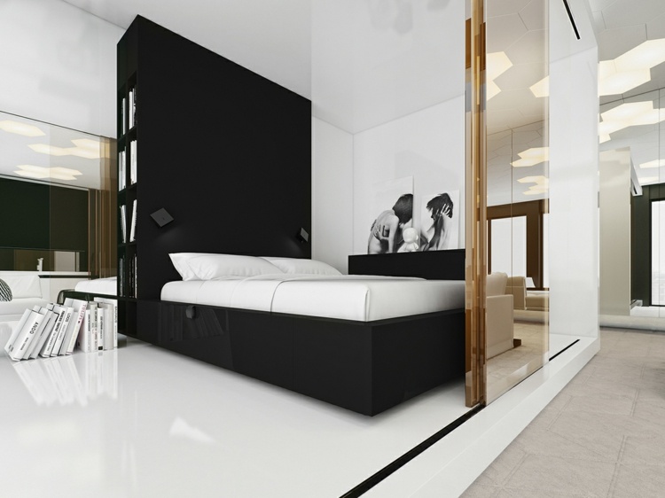 einraumwohnung-einrichten-modern-schlafzimmer-spiegeltuer-schieben-trennwand-idee