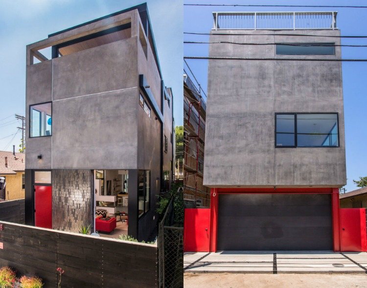 Fassade in Grau -beton-verputzt-architektenhaus-rot-akzente