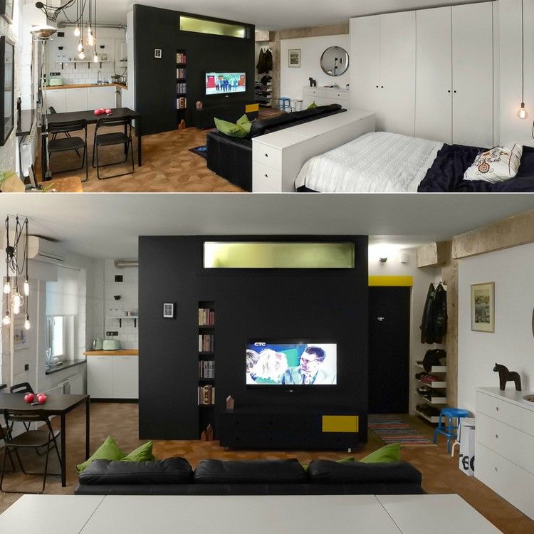 kleine-wohnungen-einrichten-apartment-einzimmerwohnung-raumteiler-fernseher-buecherregal-wandnische