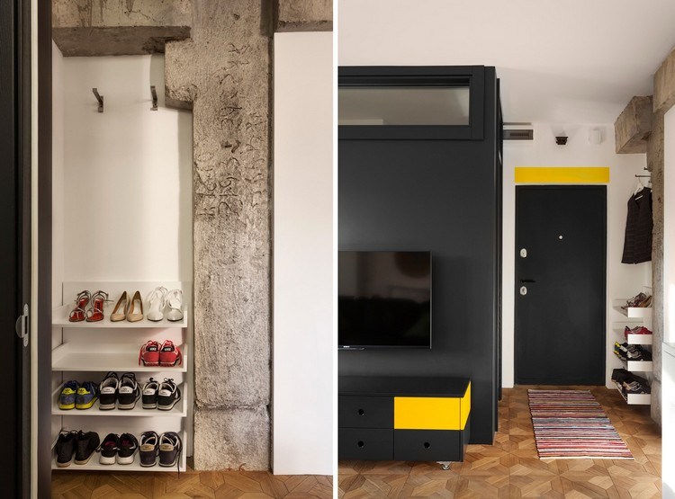 kleine-wohnungen-einrichten-eingang-schrank-schuhkommode-wohnzimmer-schwarz-gelb