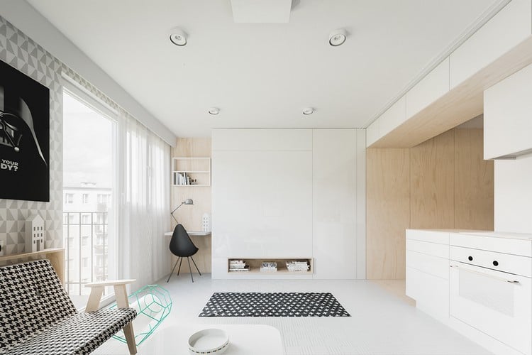 Kleine Wohnungen einrichten einzimmerwohnung-schrankbett-helle-toene-geometrische-motive
