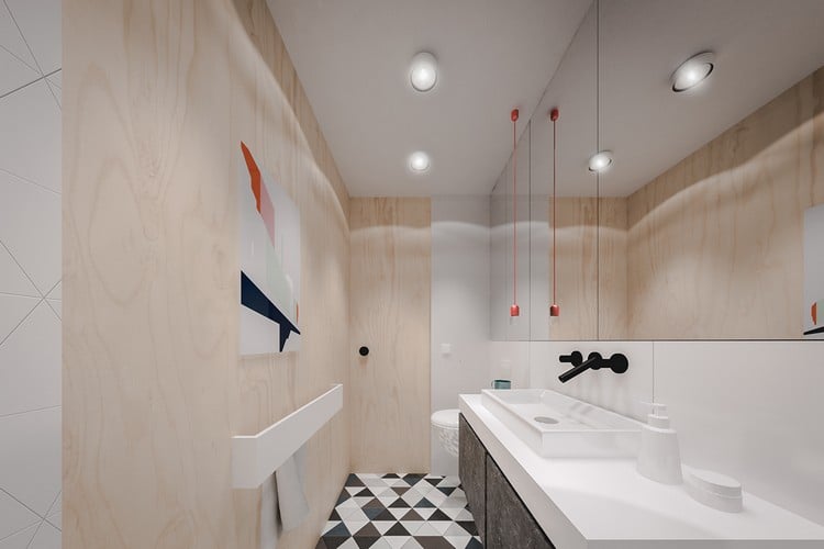 kleine-wohnungen-einrichten-modernes-badezimmer-holz-fliesen-groser-spiegel-geometrisches-muster