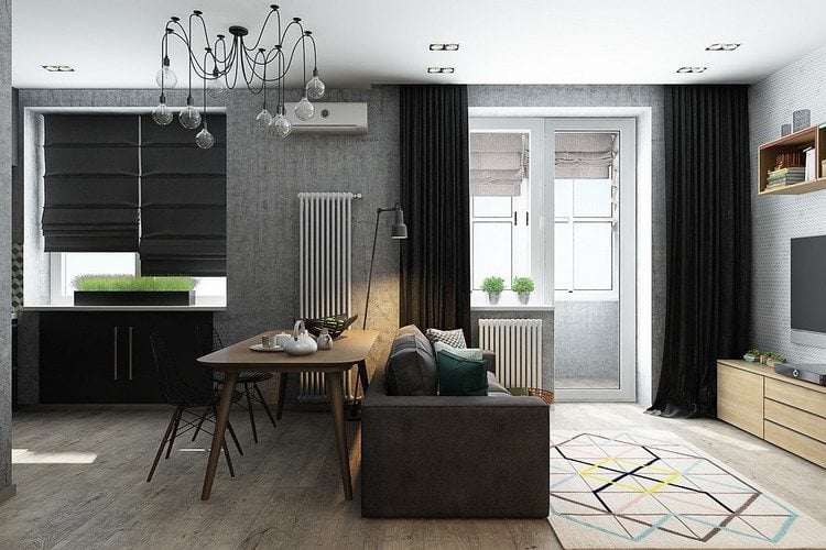 kleine-wohnungen-einrichten-platzsparend-wohnzimmer-esszimmer-grau-schwarz-balkon